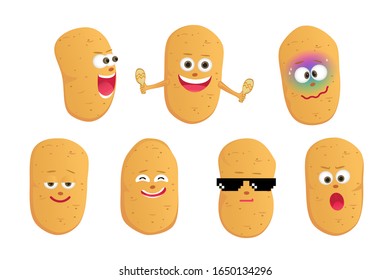Set of funny potato character isolated on white background. Vector cartoon faces with various emotions.