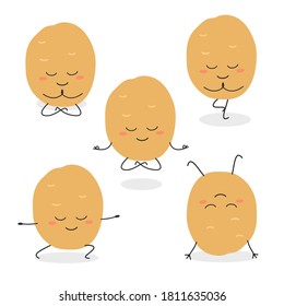 Set with funny potato practicing yoga in different poses. Vector flat illustration isolated on white background