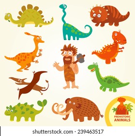 Set funny prehistoric animals. Caveman, allosaurus, triceratops, mammoth, brachiosaurus, stegosaurus, pterodactyloidea. Funny cartoon character. Vector illustration. Isolated on white background