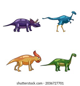 Set funny prehistoric dinosaurus Triceratops, Brontosaurus. Collection ancient wild monsters reptiles cartoon style. Vector isolated