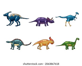 Set funny prehistoric dinosaurus Triceratops, Brontosaurus. Collection ancient wild monsters reptiles cartoon style. Vector isolated