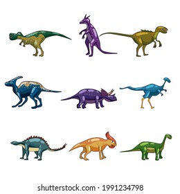 Set funny prehistoric dinosaurus Tyrannosaurus, Triceratops, Stegosaurus, Brontosaurus. Collection ancient wild monsters reptiles cartoon style. Vector isolated