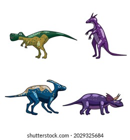 Set funny prehistoric dinosaurus Tyrannosaurus, Triceratops. Collection ancient wild monsters reptiles cartoon style. Vector isolated