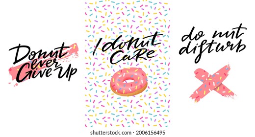 Set of Funny Printable Cards with Donuts. Pink Dripping Glaze with Sprinkles. Vector Illustration for Cards, T-Shirts and Posters