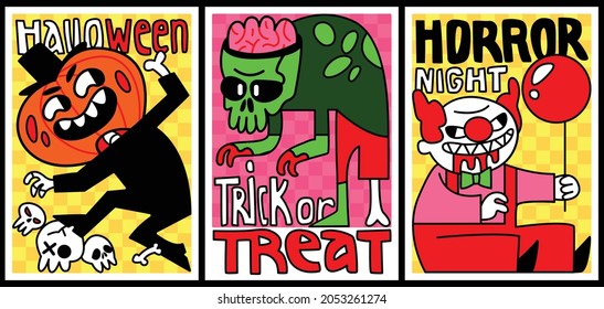 Set of funny and psychedelic Halloween posters with monsters. Pumpkin head, zombie, clown. Trick or treat. Horror night. Flat vector illustration.