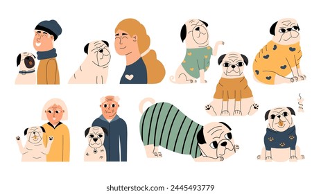 Set with a funny pug in clothes and different owners. Family with their pet. Vector illustration in flat style. 