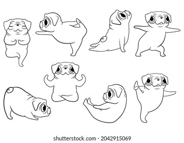 Set of funny pug yoga. Collection of various for puppy yoga poses and exercises. Humorous pet. Fluffy meditation. Vector illustration of cozy pets.