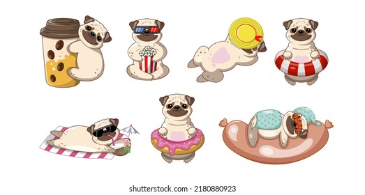 Set of funny pugs isolate on white background. Stickers set. Vector illustration.