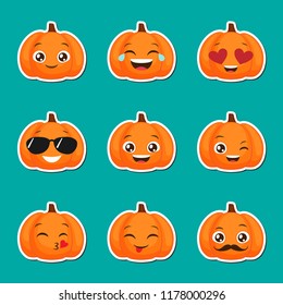 Set of funny pumpkin emoticons for autumn design. Set of halloween vector emojis