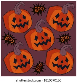 Set of funny pumpkin on purple background. Orange pumpkin with smile for your design for the holiday Halloween.Day of the dead. Vector illustration.