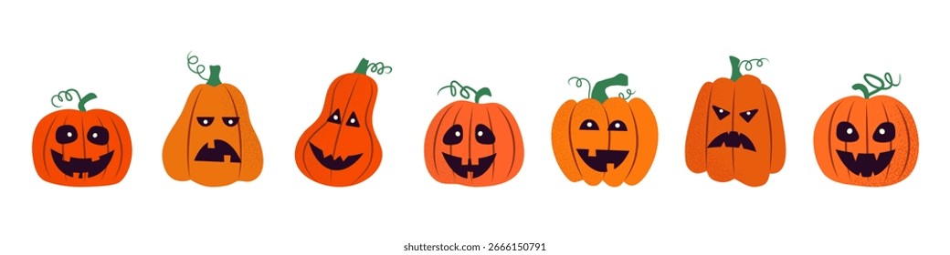 Conjunto de calabazas divertidas para la decoración Feliz Halloween. Efecto texturizado. Ilustración vectorial plana. Opción audaz para álbumes, tarjetas, carteles, temas del festival, pegatinas