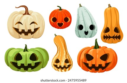 A set of funny pumpkins for Halloween in a cartoon style.