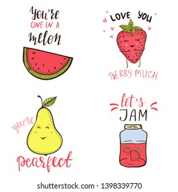 Set of funny pun phrases and cute drawn fruit characters