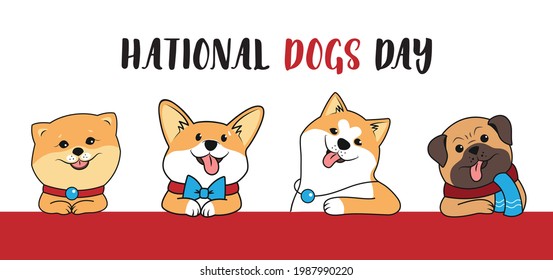 The set of funny puppy. The collection of animals is good for National dogs day, holiday designs. The corgi, akita, spitz and pug is a vector illustration