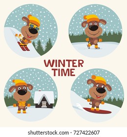 Set of funny puppy dog is engaged in winter sports: on skis, skates, snowboard, stands near the house against the background of snowflakes.