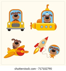 Set of funny Puppy Dog in various transport: airplane, submarine, car, space rocket in cartoon style.