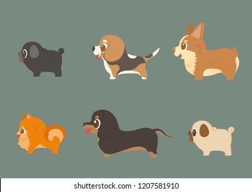 Set of funny purebred dogs, Side view, Vector illustration.