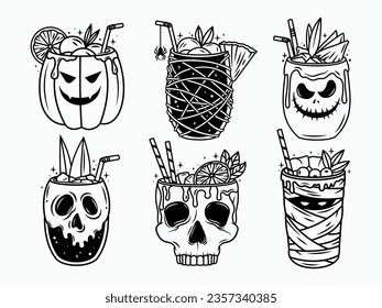 Set of funny quirky Halloween drinks. Collection of creepy cocktails for Halloween mummy, pumpkin, demon, zombie, skeleton bone. Autumn holiday celebration. Vector illustration on white background. 