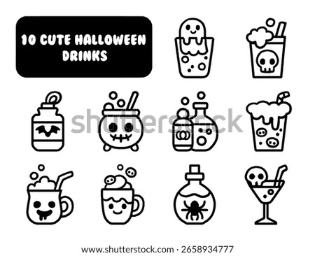 Set of funny quirky Halloween drinks. Collection of creepy cocktails for Halloween mummy, pumpkin, demon, zombie, skeleton bone. Autumn holiday celebration. Vector illustration on white background.