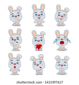 Set of funny rabbit in cartoon style in different poses and emotions isolated on white background