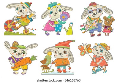 set of funny rabbits in different situations. children's style