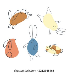 Set of funny rabbits in doodle style. The bunny is a symbol of 2023. Hare Vector graphics isolated on white background.