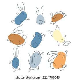 Set of funny rabbits in doodle style. The bunny is a symbol of 2023. Hare Vector graphics isolated on white background.