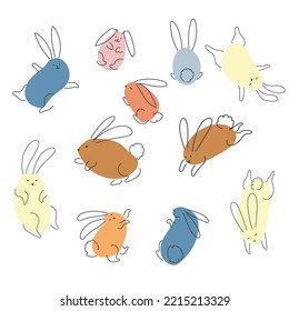 Set of funny rabbits in doodle style. The bunny is a symbol of 2023. Hare Vector graphics isolated on white background.