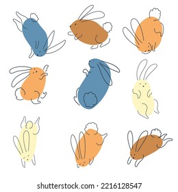 Set of funny rabbits in doodle style. The bunny is a symbol of 2023. Hare Vector graphics isolated on white background.