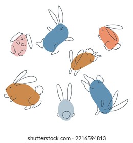 Set of funny rabbits in doodle style. The bunny is a symbol of 2023. Hare Vector graphics isolated on white background.