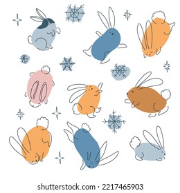 Set of funny rabbits in doodle style. Autumn vegetables. The bunny is a symbol of 2023. Hare Vector graphics isolated on white background.