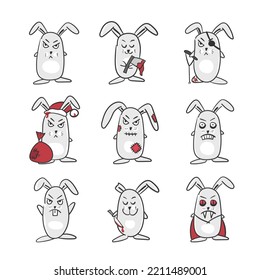 Set of funny rabbits. Evil characters - stickers on white background. Symbol of 2023. Can be used for Halloween and New Year postcard design.