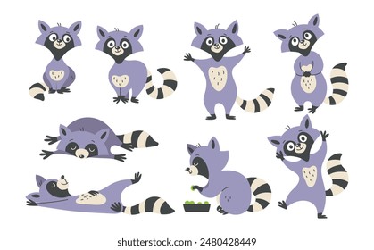 Set of funny raccoon characters. Animals. Cute raccoon in different poses. Vector cartoon illustration isolated on white