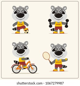 Set of funny raccoon sportsman is engaged in sports: football, with dumbbells, bicyclist, tennis player.