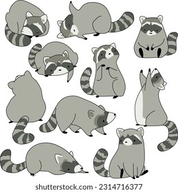 set of funny raccoons, vector