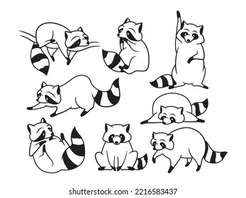 Set of funny racoons. Collection of stylized raccoons. Vector illustration on a white background. Tattoo. 