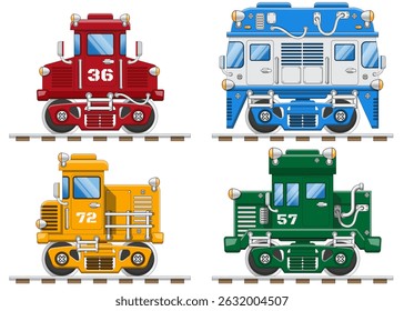 Set of funny railway locomotives. Isolated on white background. Side view. Vector illustration.