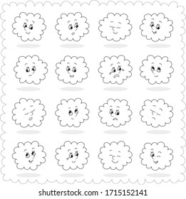 Set of funny rainy cloud emoticons with smiling, sad and many other faces of toy characters with different emotions, black and white vector cartoon illustrations