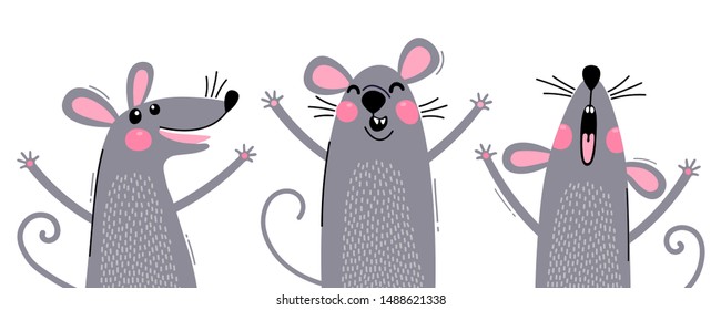 Set of funny rats for design. Cute little mice in different poses. Merry mouse romp. Vector illustration.