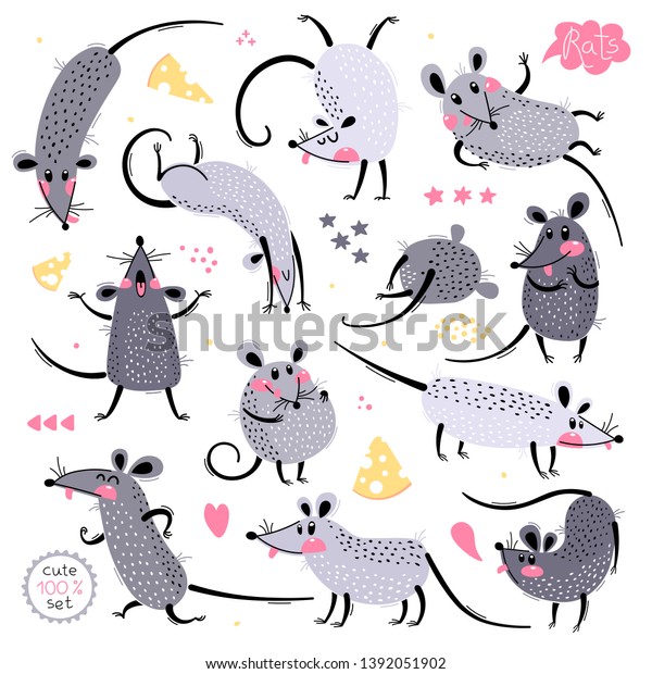 デザイン用のおかしなネズミのセット ポーズの違うかわいいネズミ メリーマウスがドシンと鳴く ベクターイラスト のベクター画像素材 ロイヤリティフリー