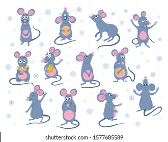 Set of funny rats in different poses. Cute mouse with cheese. Vector collection for your design