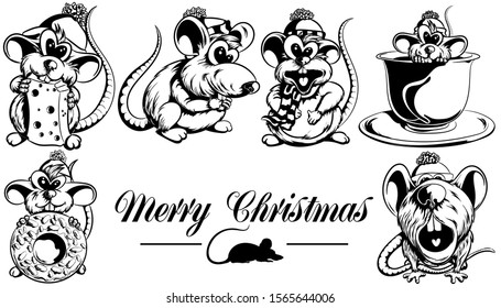 Set of funny and funny rats in vector black and white on a white background
