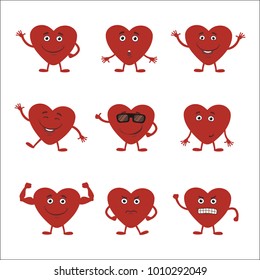 Set of funny red heart in different poses for Valentine day.