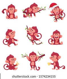 Set Of Funny Red Monkeys In Different Actions And Poses Vector Illustration Chartoon Caracter