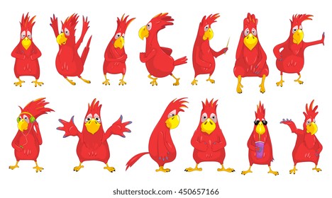 Set of funny red parrots giving thumbs up, jumping, running, listening to music with headphones. Red parrot in sunglasses drinking soda pop. Vector illustration isolated on white background.