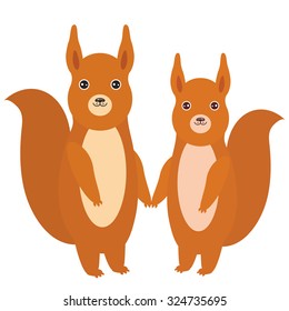 Set of funny red squirrels with fluffy tail isolated on white background. Vector