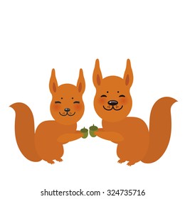 Set of funny red squirrels with fluffy tail with acorn isolated on white background. Vector