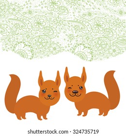 Set of funny red squirrels with fluffy tail isolated on white background. Vector