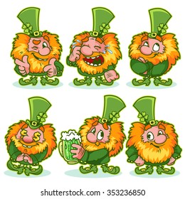 Set of funny red-haired gnome in green costume. Funny cartoon character on a white background. Shaggy leprechaun celebrating St Patrick's Day. Laughing, winking, satisfied and shy leprechauns.