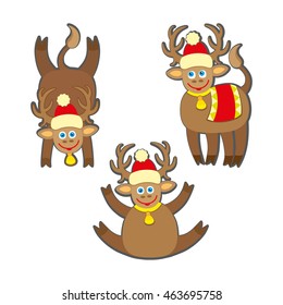 Set of funny rein deers with christmas lights tangled in antlers - Cartoons with different emotions for New Year or Christmas Design.